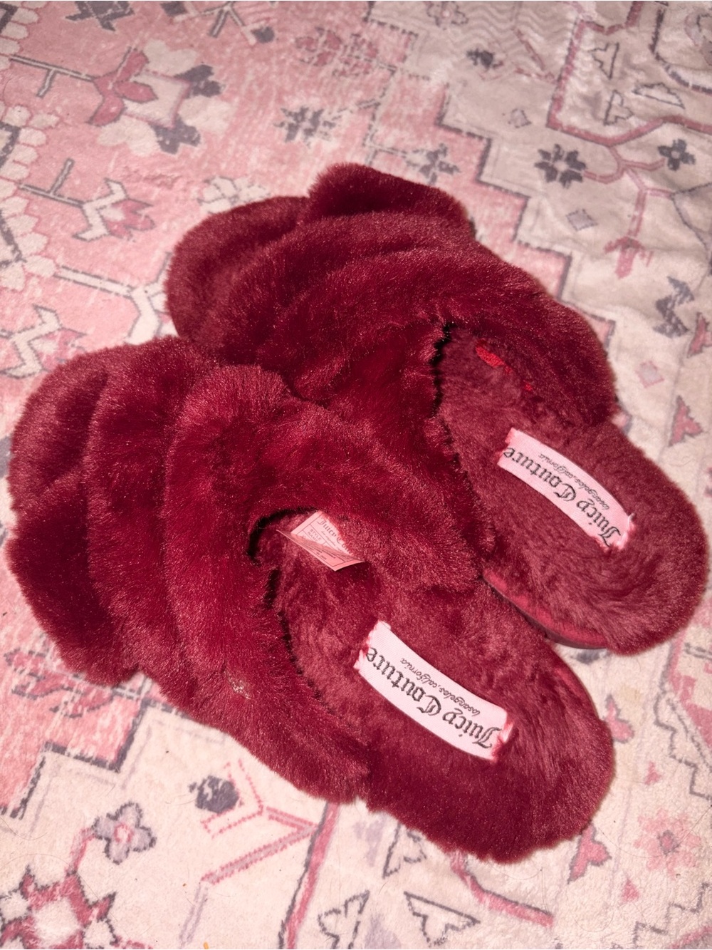 Juicy Couture Girls Plush Wine Red Slide Slippers